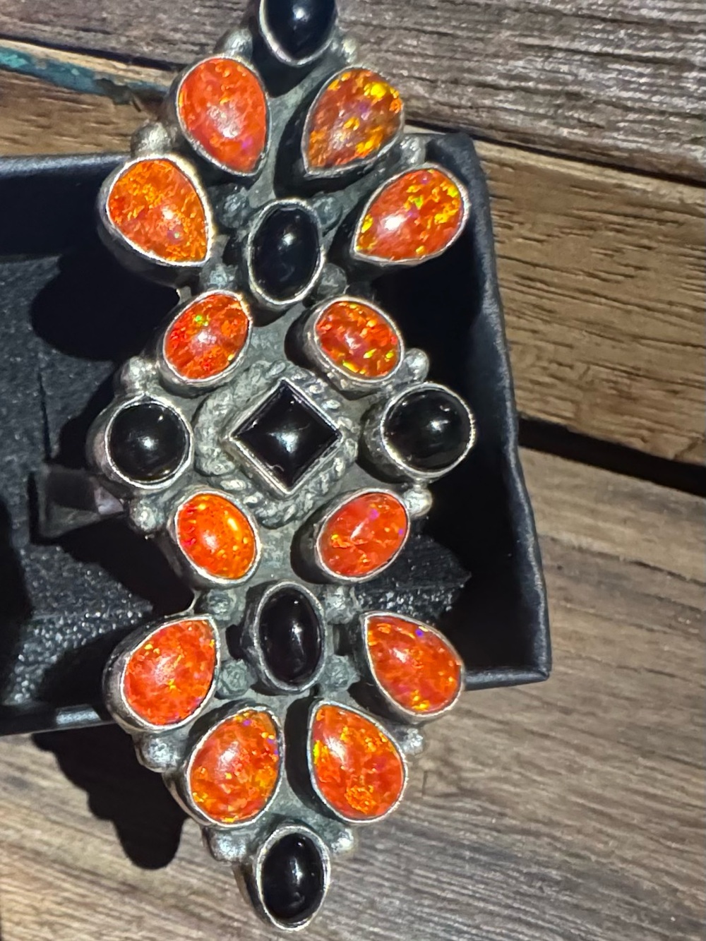 Orange Fire Opal and Black onyx Sterling Statement adjustable Ring